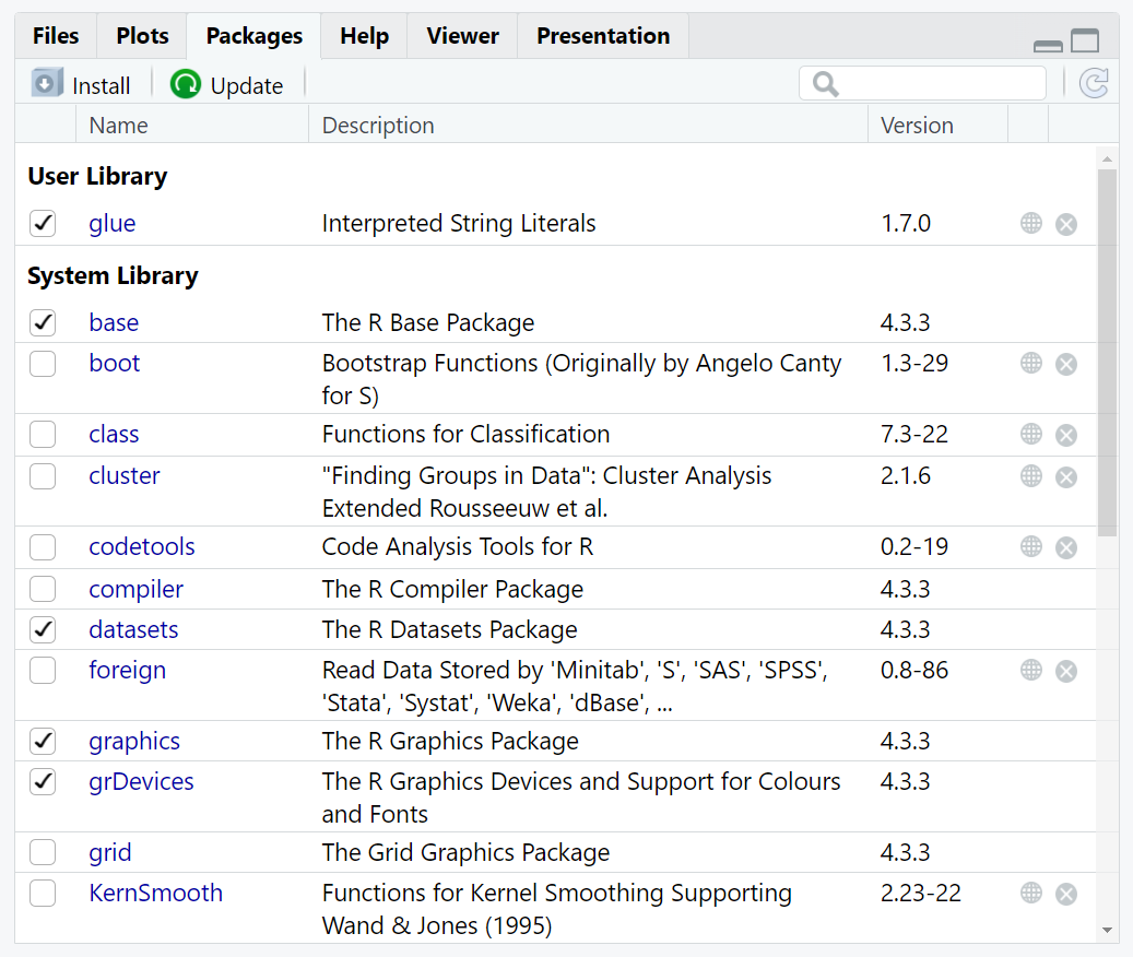 Screenshot of RStudio packages pane